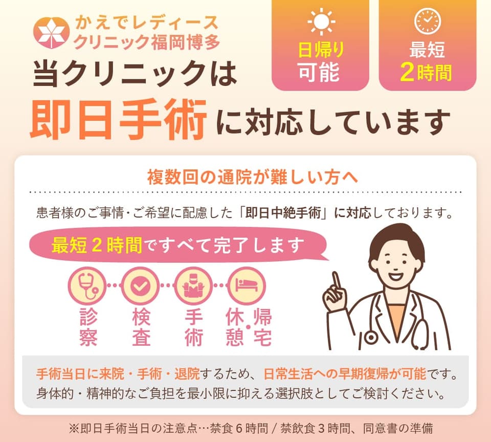 かえでレディースクリニック福岡博多は、即日手術に対応しています。